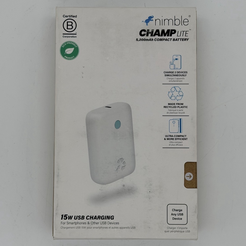 Nimble Champ Lite Fast Charging Power Bank Portable White 15W 5200mAh w/ Cable